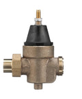 Watts LFN45B pressure reducing valve, side view; bronze body, black bonnet, union inlet and threaded outlet, bottom drain