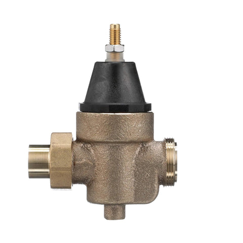 Watts LFN45B pressure reducing valve, side view; bronze body, black bonnet, union inlet and threaded outlet, bottom drain