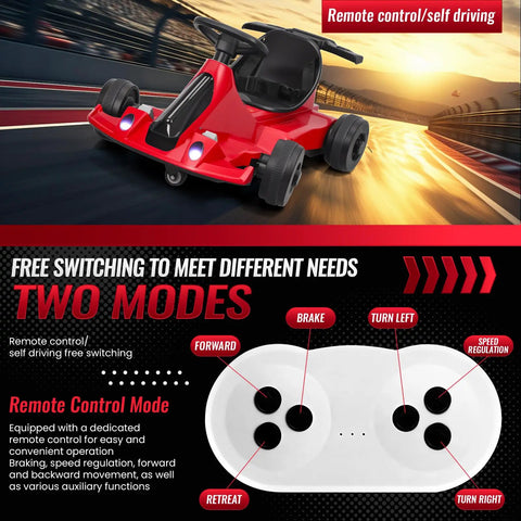 Electronic Go Kart Drift Ride On Toy For Kids And Adults, showing remote control features and red cart design