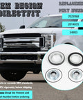 Front view of white Ford Super Duty truck; inset shows a 4-piece front axle seal kit (metal and rubber seals).