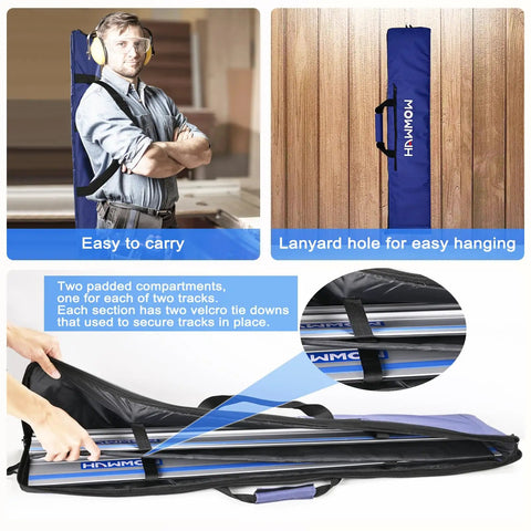Universal Track Saw Guide Rail Carry Bag Up To 42 Inches, blue polyester tote, shown carried, hung, and opened for rail storage.