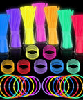 Lit Ultra Bright Glow Sticks Bulk 50 Pack for Parties, Neon Glow in the Dark Party Supplies with accessories on display