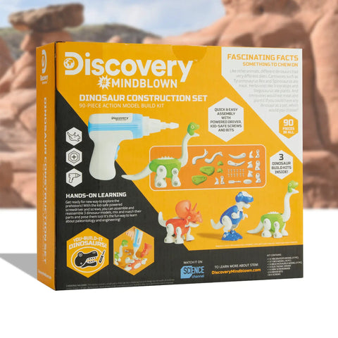 Box of 90 Piece Dino Construction Set With Kid Safe Power Screwdriver And Screws Build Brachiosaurus T Rex And Triceratops