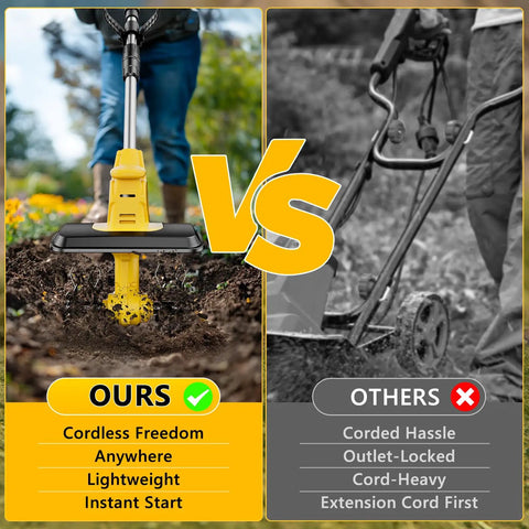 Comparison image showing 21V Cordless Tiller Cultivator With Two 3.0Ah Batteries And Fast Charger versus corded tiller