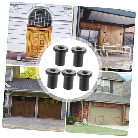 Collage of doors with Five Piece Track Spacer Set for Sliding Barn Door Hardware shown in the center, black spacers, easy install.