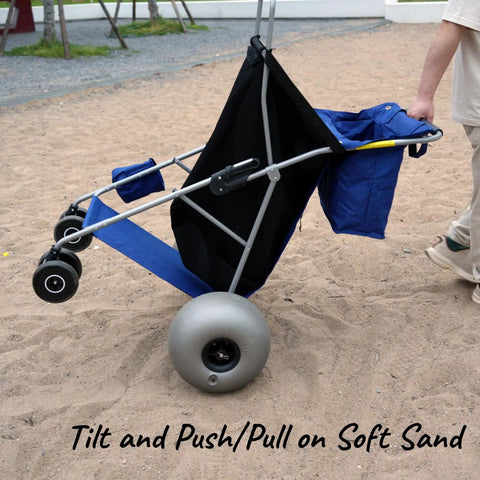 Beach Cart With Balloon Wheels, Heavy Duty Steel Wagon That Rolls Smoothly Over Sand, blue fabric and steel frame on sandy beach