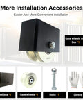 Installation accessories for Beefy Heavy Duty 4 Inch V Groove Wheel Set, featuring gate wheels, box, bolts, and gloves.