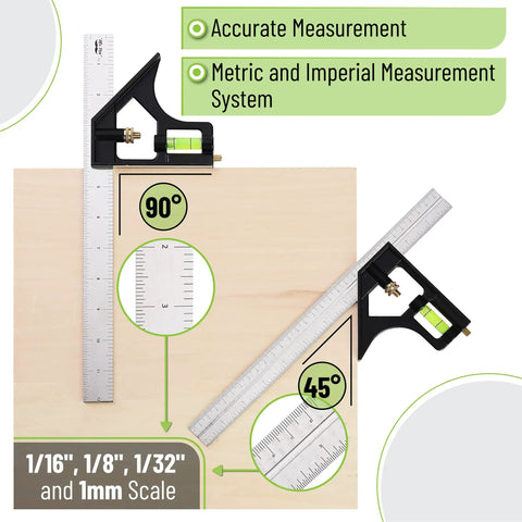 Rafter And Combination Square Tool Set For Woodworking, 7 Inch Rafter Square And 12 Inch Aluminum Carpenter Square displayed on wood