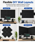Flexible DIY layouts for Straight Up Game Changer Peel And Stick Acoustic Wall Panels in various arrangements.