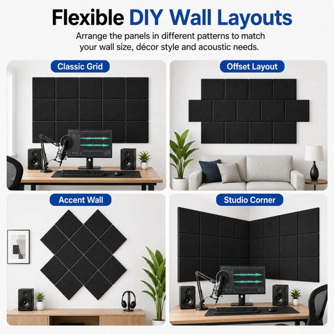 Flexible DIY layouts for Straight Up Game Changer Peel And Stick Acoustic Wall Panels in various arrangements.