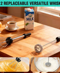 Powerful Rechargeable Milk Frother Wand With Stand Handheld Electric Foam Maker With 2 Detachable Stainless Steel Whisks On Table