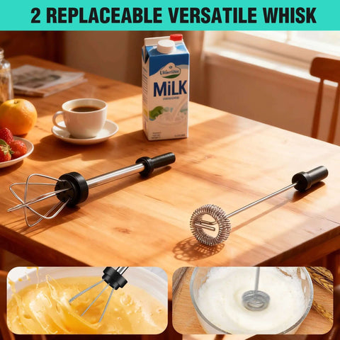 Powerful Rechargeable Milk Frother Wand With Stand Handheld Electric Foam Maker With 2 Detachable Stainless Steel Whisks On Table