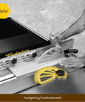 Hedgehog featherboard for table saws; grey mounting fence with two black knobs and yellow accessory on the worktable