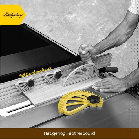Hedgehog featherboard for table saws; grey mounting fence with two black knobs and yellow accessory on the worktable