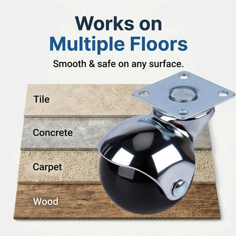 Heavy Duty 2 Inch Ball Casters Without Brake Set Of 4 Chrome Swivel Furniture Wheels on multiple floor types.