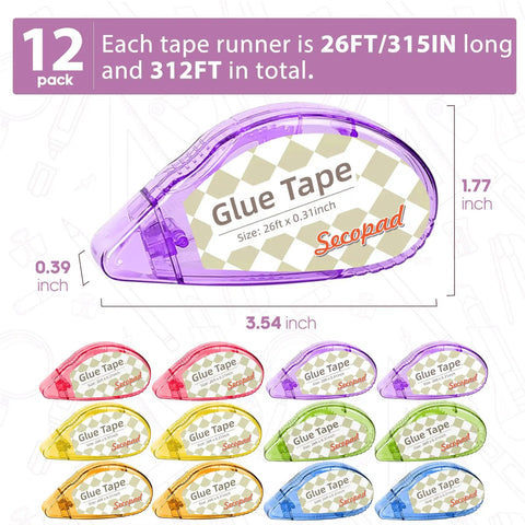 12-Pack Double Sided Craft Tape Roller Kit showing purple tape runner 0.3 Inch by 26 Feet, ideal for scrapbooking and card making.