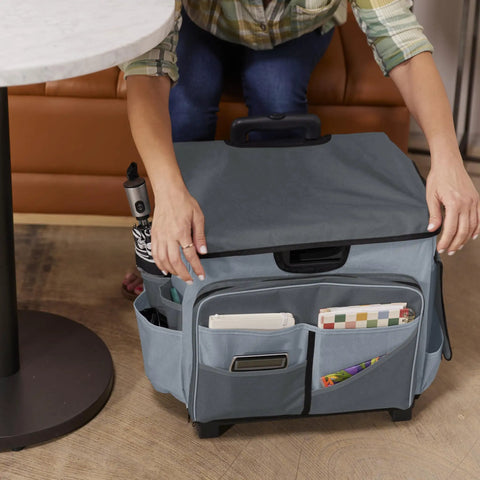 Universal Rolling Cart With Canvas Organizer Bag For Classrooms And Offices On Wheels Mobile Storage For School Supplies Files Textbooks And Arts And Crafts Durable Dark Grey Cart With Easy Glide Wheels in use