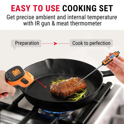 2-In-1 Infrared Thermometer Gun With Laser And Meat Thermometer Digital measuring steak temperature in skillet
