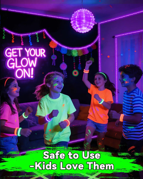 Kids at a party with glow accessories, using 16.4Ft Black Light Strip Kit With USB Plug And Battery Box Two 8.2Ft Strips 300LEDs Adhesive Mounting Neon Glow For Parties
