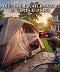 Heavy Duty Metal Hose Nozzle With Adjustable Spray Patterns For Watering Plants, Washing Cars, Showering Dogs And Pets, Rugged Zinc Alloy Build With Anti Rust Finish And Comfortable Grip being used to clean a tent.