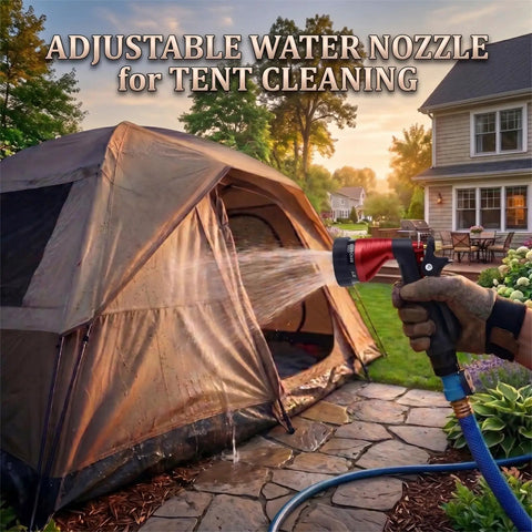 Heavy Duty Metal Hose Nozzle With Adjustable Spray Patterns For Watering Plants, Washing Cars, Showering Dogs And Pets, Rugged Zinc Alloy Build With Anti Rust Finish And Comfortable Grip being used to clean a tent.