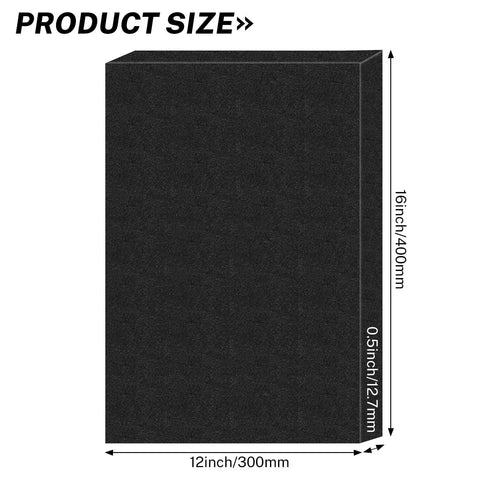 Diagram showing product size of Cuttable Black Polyurethane Foam Sheets, 4 Pack, 16 x 12 x 0.5 Inch Padding For Tool Boxes, Camera Gear