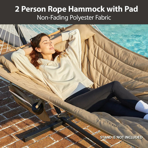 Outdoor Double Hammock With Hardwood Spreader Bars, 475 lbs capacity, tan quilted polyester pad, by poolside