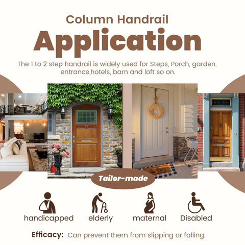 Industrial Grade Wall Mount Handrails For Outdoor Steps And Decks Featuring Wrought Iron Safety Rails With Curved Grips on various doorsteps.