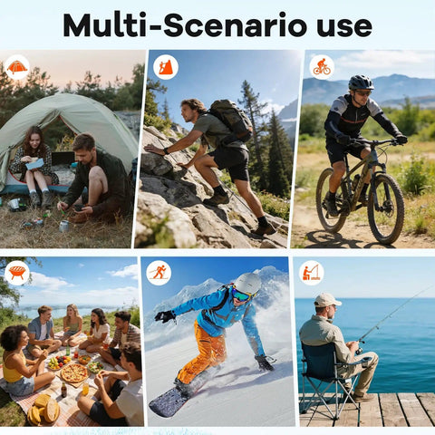 Collage showing diverse outdoor activities suitable for Solar Power Bank 20000mAh With Built In Cables Portable Wireless Charger