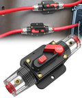 100A Inline Circuit Breaker With No Fuss Manual Reset For 12 To 24V DC Systems, Rugged Fuse Holder, Push Button Reset, Auto Protection For Cars Boats ATVs And Off Road Gear on red cable