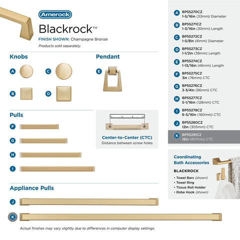 Oversized 18 Inch Center To Center Cabinet Pull For Large Appliances And Paneled Cabinets Champagne Bronze Finish Beefy Wide Blackrock Style Drawer And Door Handle with product options and dimensions displayed