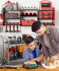 Power Tool Organizer Wall Mount With Charging Station visible, with 15 inch shelves, 8 drill holders, and pegboard hooks