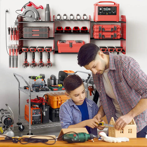 Power Tool Organizer Wall Mount With Charging Station visible, with 15 inch shelves, 8 drill holders, and pegboard hooks