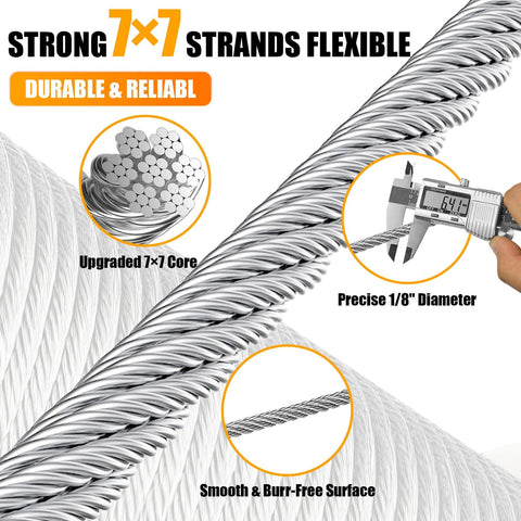 Rugged Marine Grade 1/8 Inch Stainless Steel Cable For Railing And Deck Fencing With Cutter, 7x7 Wire Rope, texture view