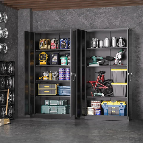 Tough Black Locking Metal Storage Cabinet With Doors, 72 inch tall, 36 inch wide, 4 shelves, organized with garage items