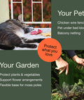 Heavy Duty Plastic Chicken Wire Fence For Pet Protection 15.7 Inches By 10 Feet Black HDPE Mesh Chew Resistant Outdoor Garden Barrier with cat on balcony and hands setting fence in garden