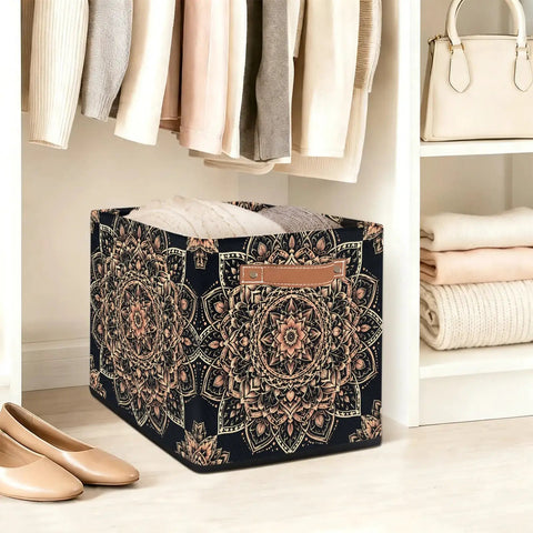 Retro Bronze Mandala Foldable Storage Cubes, Heavy Gauge Waterproof Closet Organizers with Reinforced Handles for clothes in a closet.