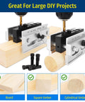 Self Centering Dowel Jig Kit with Six Drill Guide Bushings on wood for precise straight holes in woodworking projects.