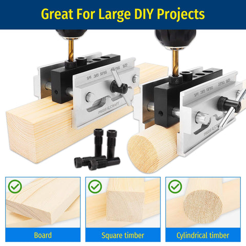 Self Centering Dowel Jig Kit with Six Drill Guide Bushings on wood for precise straight holes in woodworking projects.