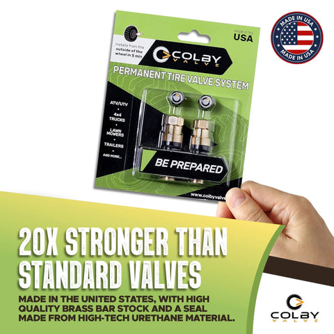 Permanent Valve Stem Replacement Kit For Tubeless Tires, Heavy Duty Metal Emergency Valve Stems, Made In USA, packaging held in hand