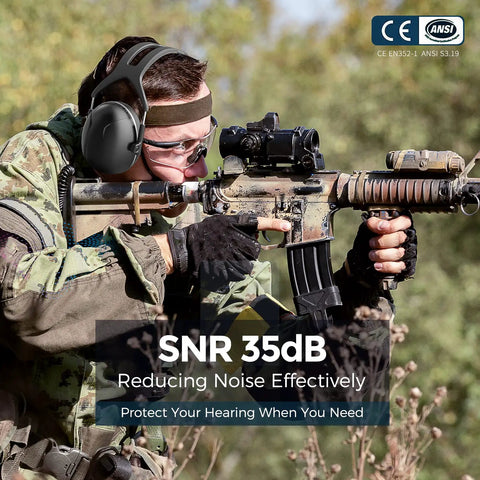 Person wearing Noise Cancelling Ear Muffs For Adults And Kids With 35dB Hearing Protection during outdoor shooting