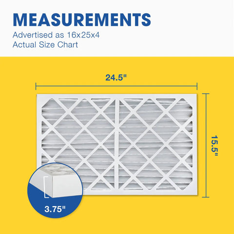 MERV 13 Pleated Furnace And Air Conditioner Filter Pack 16x25x4 Inches 6 Count dimensions with actual size 15.5x24.5x3.75 inches