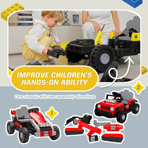 Child assembling 12V Kids Ride On Building Block Car With Parental Remote Control Buildable Jeep Or Go Kart Mode Universal Chassis
