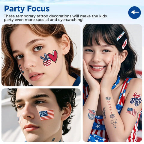 Kids wearing Patriotic Fourth Of July Temporary Tattoos Pack With 80 Vivid Designs Featuring American Flags Fireworks Eagles For Kids Ideal For Independence Day Parties Memorial Day Labor Day And USA Party Favors On 10 Sheets