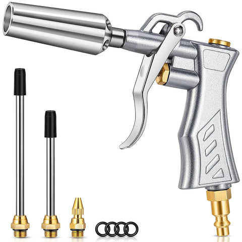 Pro Grade Heavy Duty High Volume Air Blow Gun With Powerful Venturi Nozzle, brass adjustable nozzle, two steel extensions, and pneumatic tools