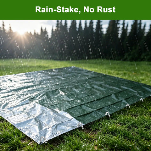 Beefy Heavy Duty 9 Inch Tent Stakes Eight Pack Galvanized Steel Ground Anchors securing tarp in rain on grass