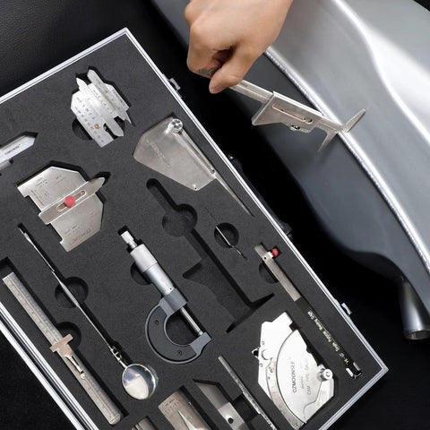 13 Piece Welding Measurement Toolbox Set Stainless Steel Weld Inspection Tools displayed in foam casing