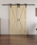 56 X 84 Inch Solid Wood Panelled Barn Door Set With Heavy Duty Sliding Hardware Kit For Two Doors Unfinished Surface Ready To Stain DIY Friendly Assembly Fits 52 To 54 Inch Wide Openings shown installed in living room