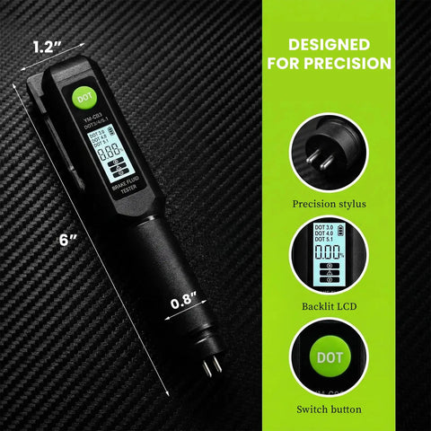 Heavy Duty Brake Fluid Tester Pen With Digital LCD Screen and Robust Metal Probe measures moisture levels, size 1.2x6 inches.