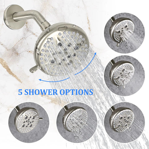 Straight Up Brushed Nickel Shower System With Quick Install In Wall Pressure Balance Valve And Massive Five Inch Five Spray Head Single Handle Bath Trim Kit No Tub Spout Needed